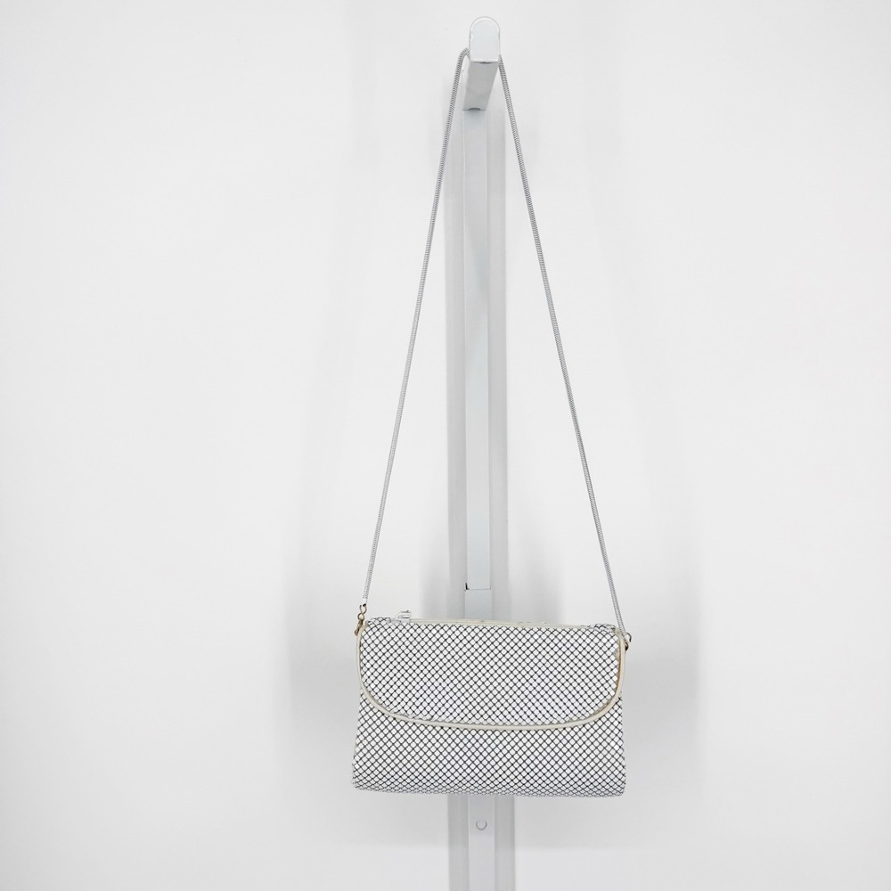 Vintage White Metal Mesh Crossbody Bag Small Evening Purse Gold Silver Chain
